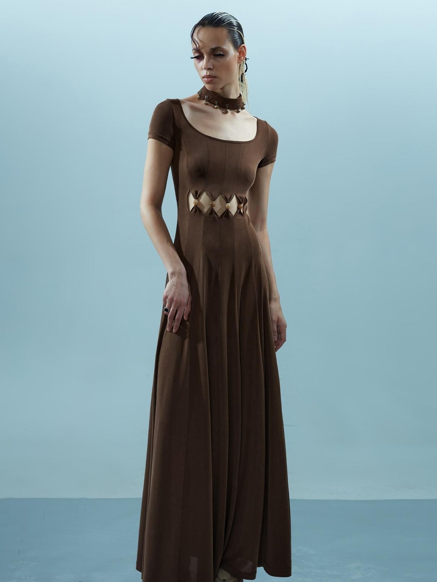 NN NORTH NODE V-neck Ethereal Threads Beaded Cutout Dress