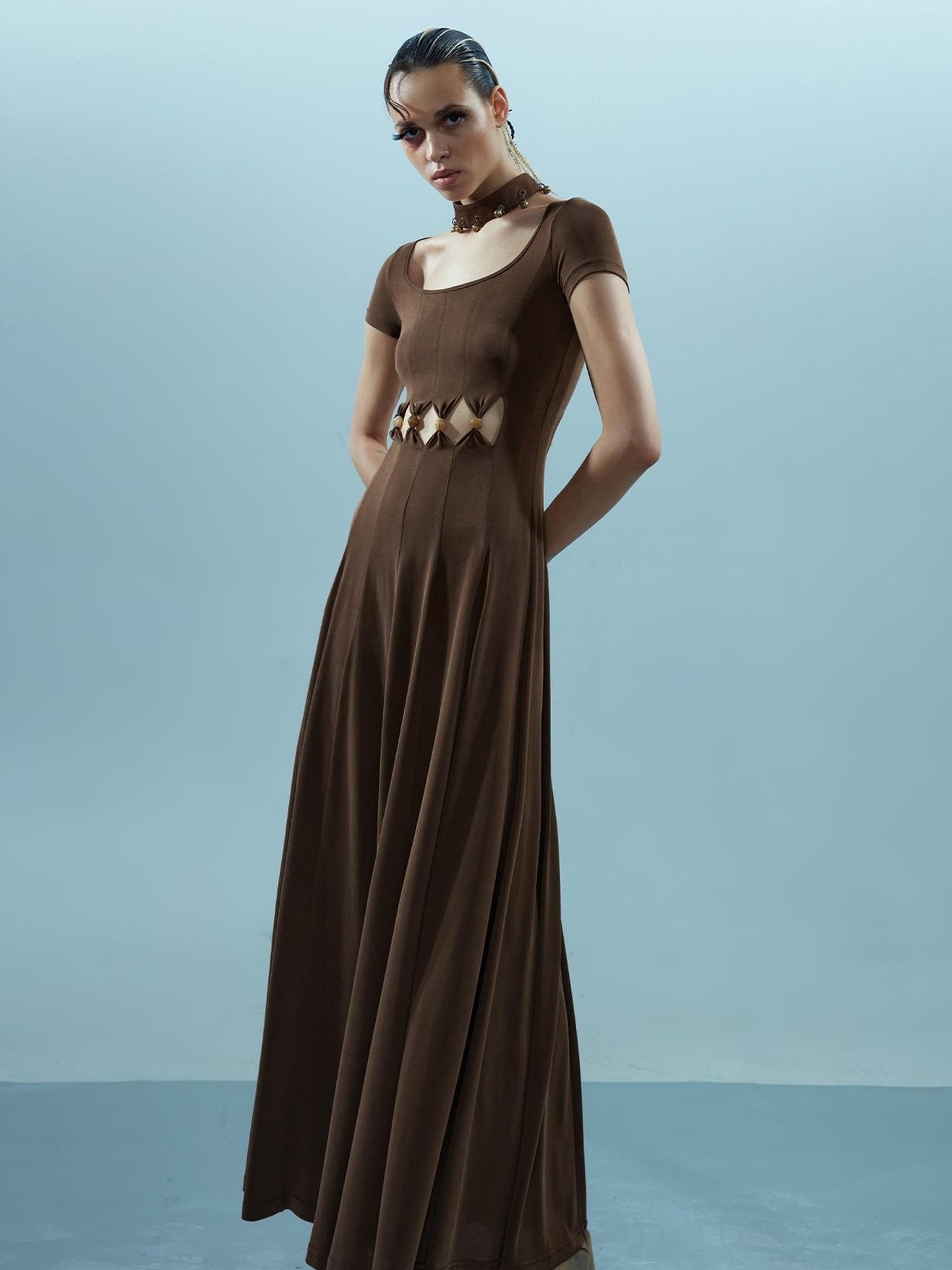 NN NORTH NODE V-neck Ethereal Threads Beaded Cutout Dress
