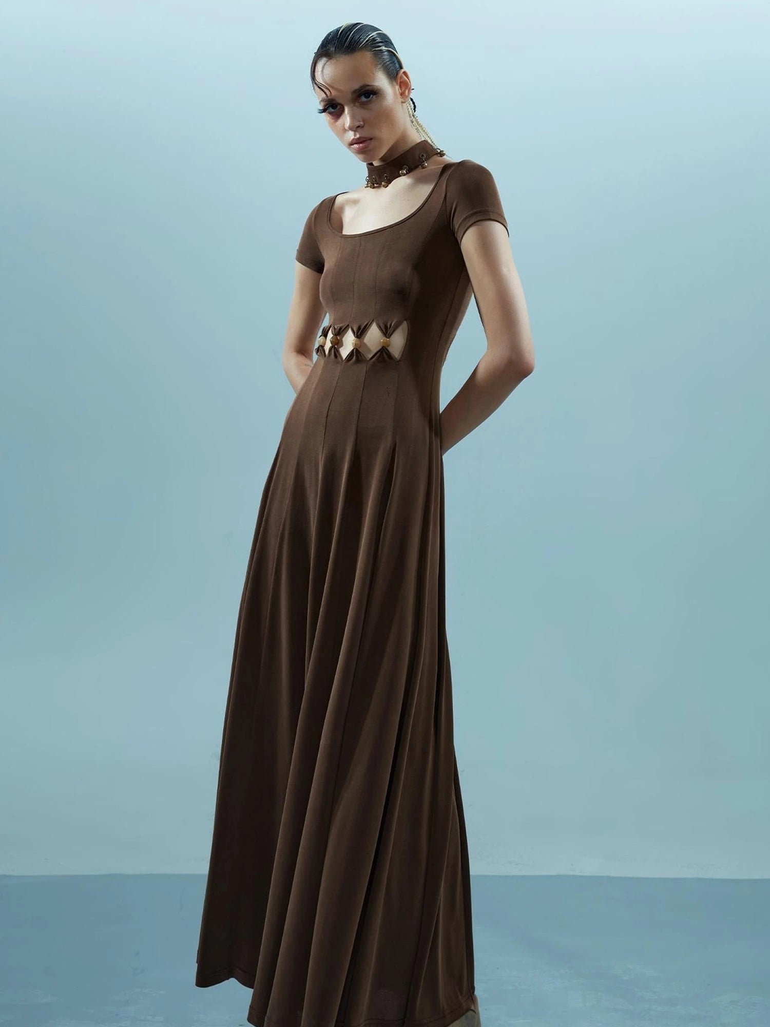 V-neck Ethereal Threads Beaded Cutout Dress