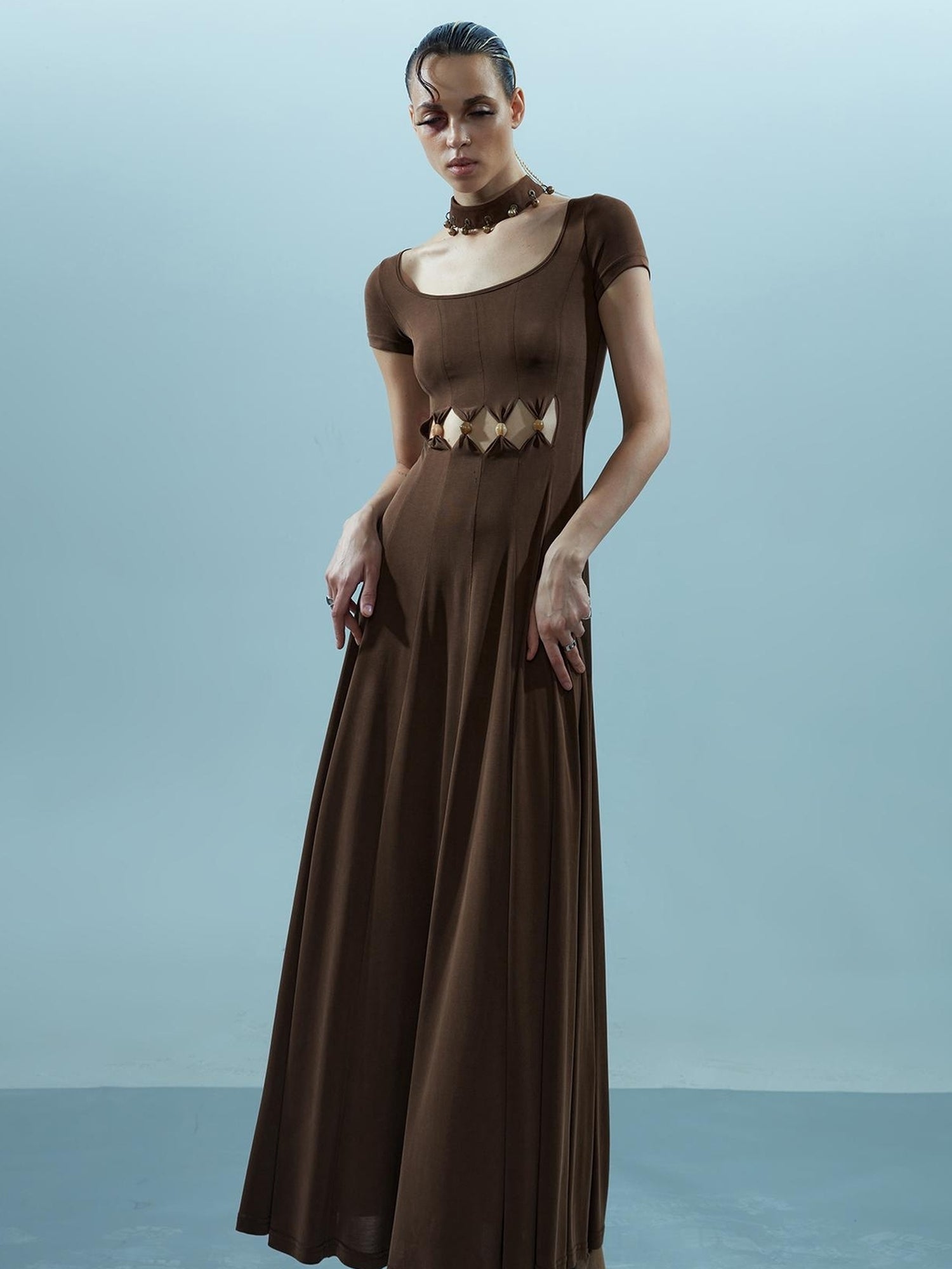 NN NORTH NODE V-neck Ethereal Threads Beaded Cutout Dress