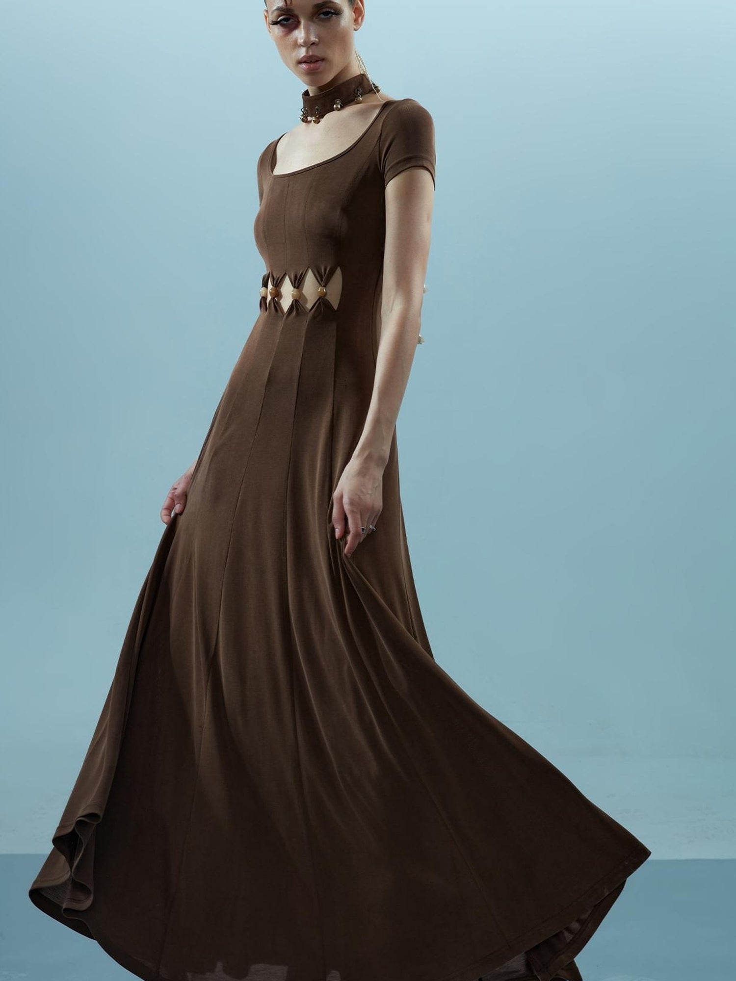 NN NORTH NODE V-neck Ethereal Threads Beaded Cutout Dress