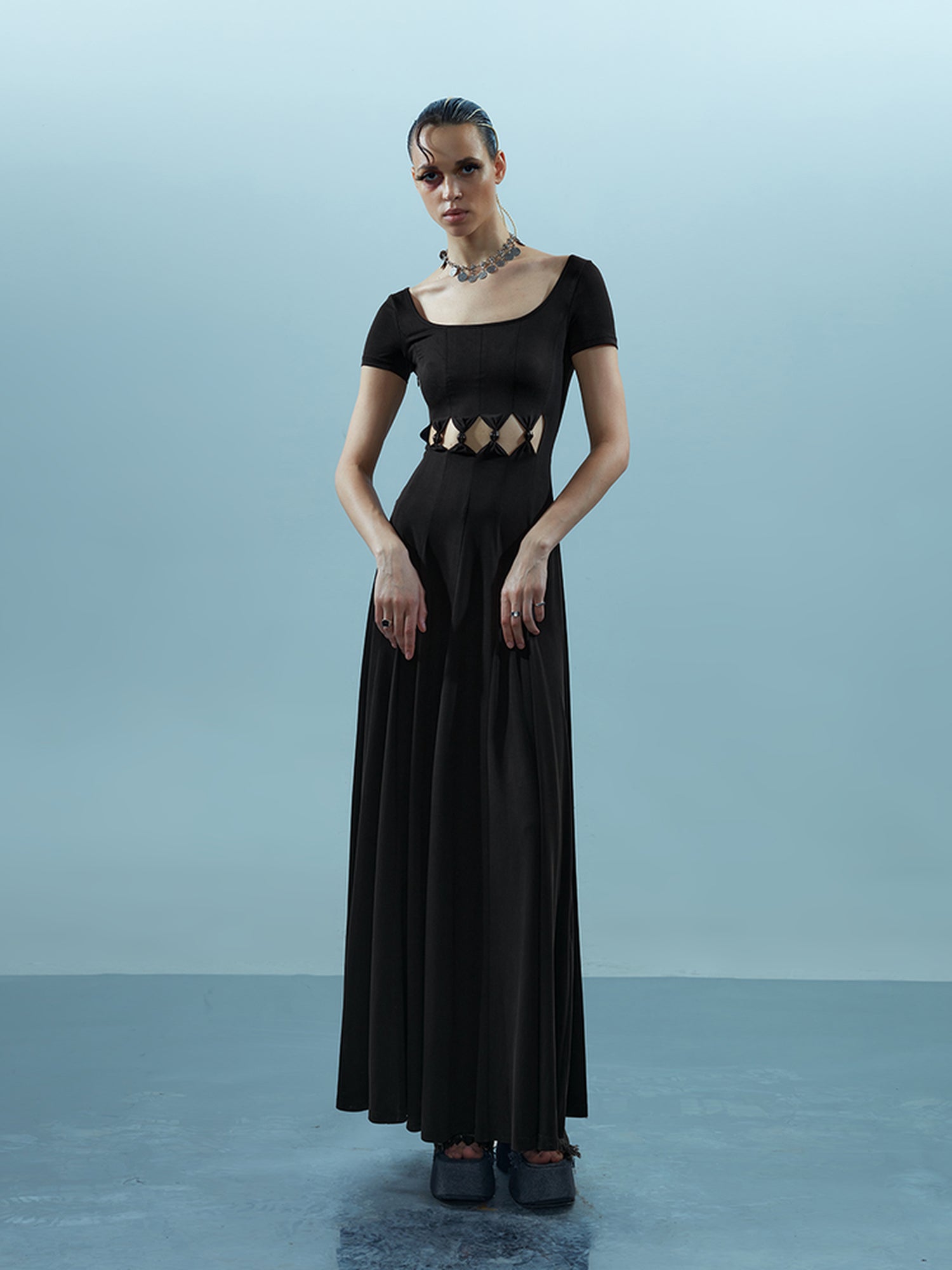 NN NORTH NODE V-neck Ethereal Threads Beaded Cutout Dress