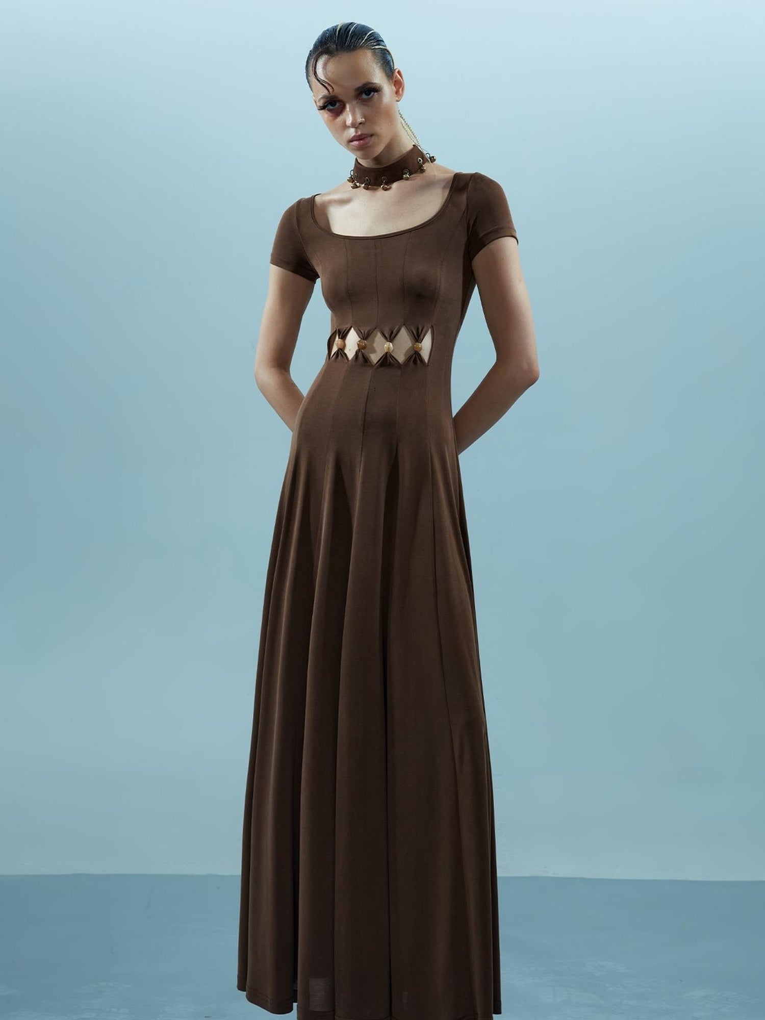 NN NORTH NODE V-neck Ethereal Threads Beaded Cutout Dress