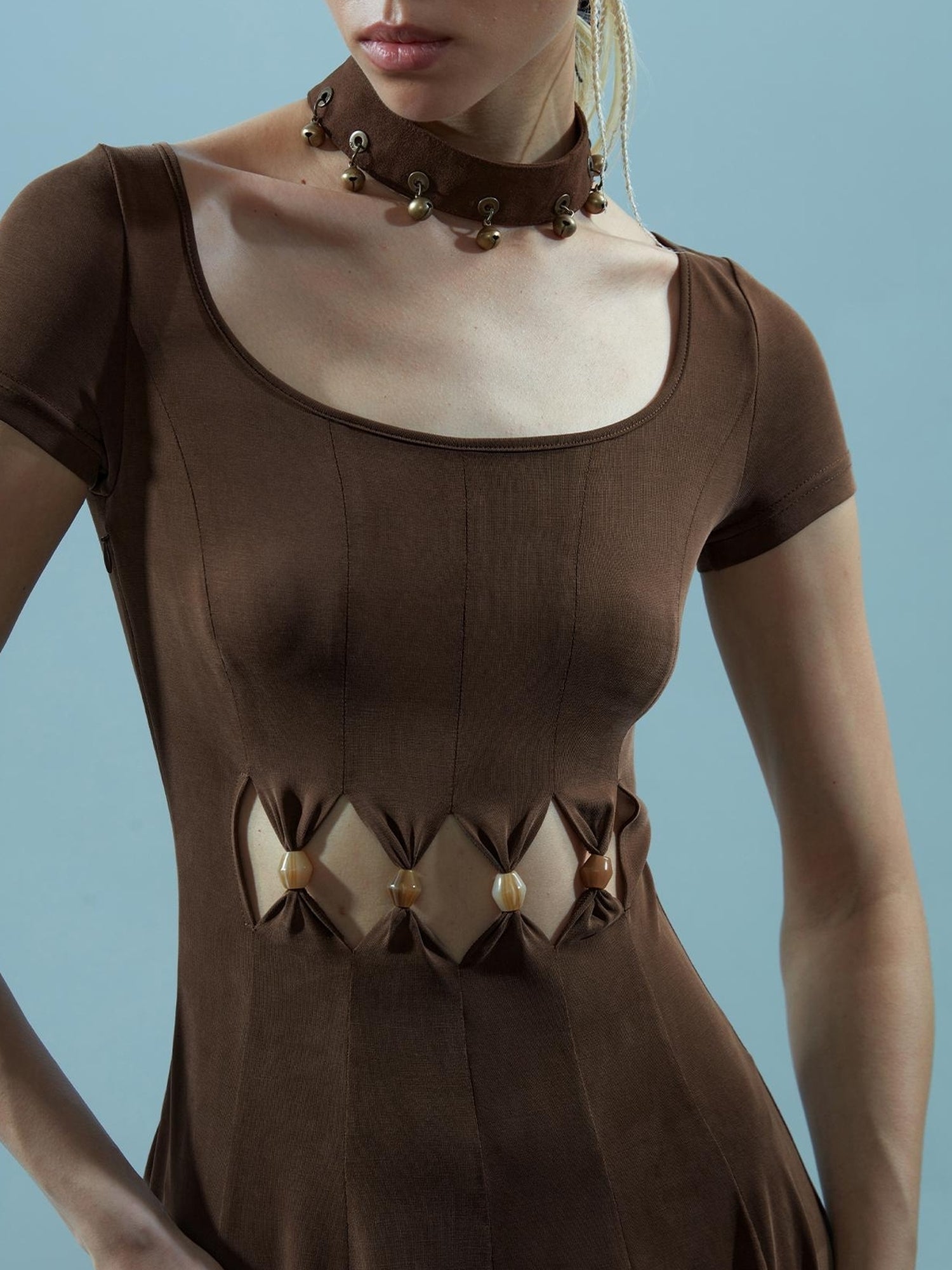 NN NORTH NODE V-neck Ethereal Threads Beaded Cutout Dress