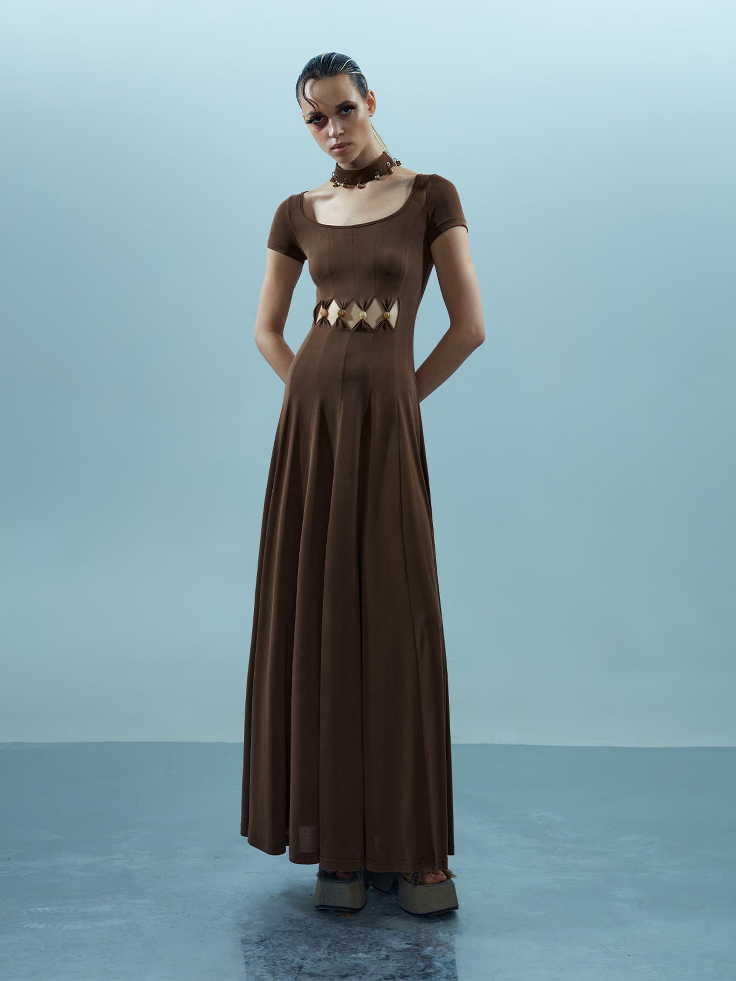 NN NORTH NODE V-neck Ethereal Threads Beaded Cutout Dress