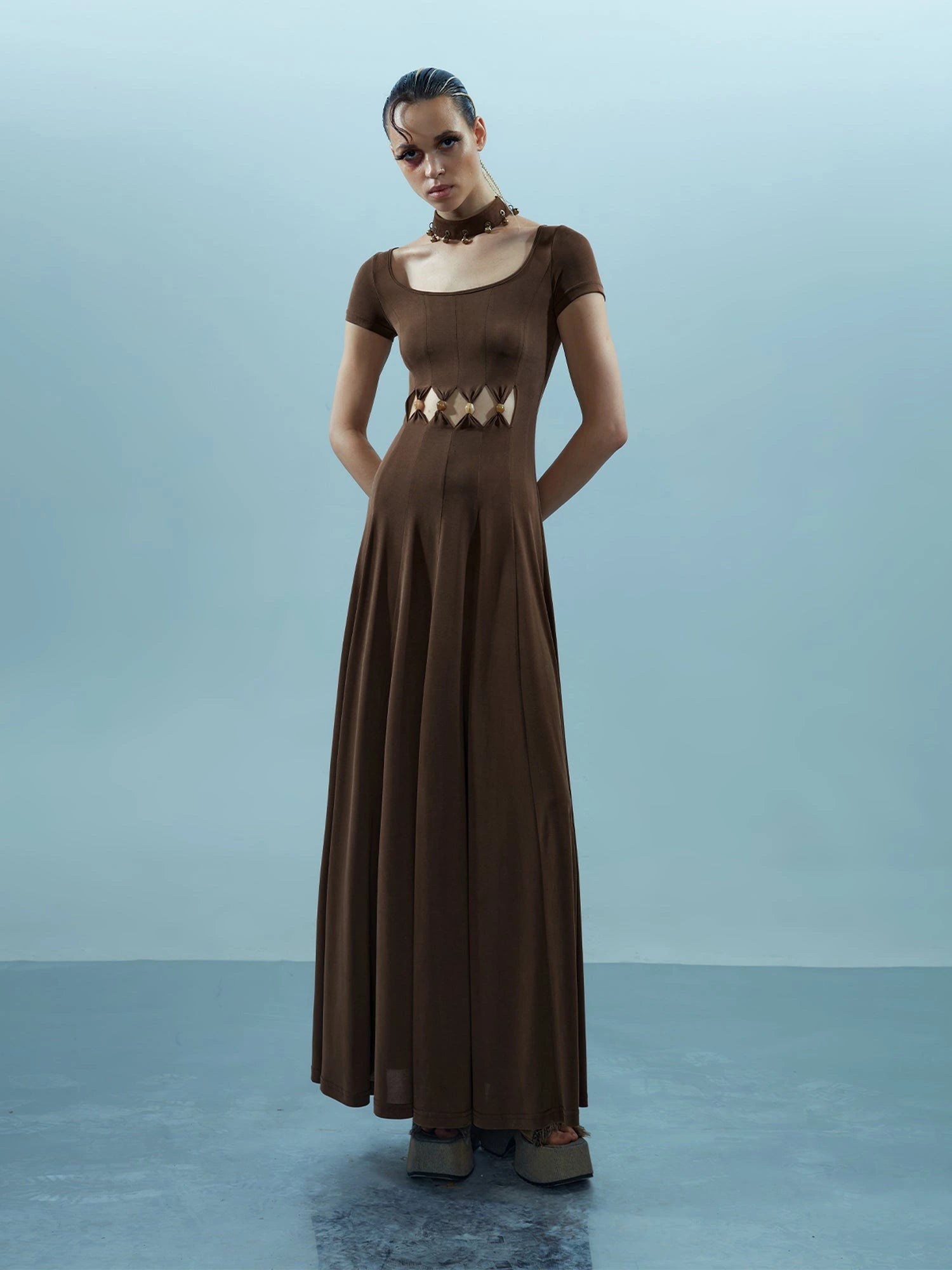 V-neck Ethereal Threads Beaded Cutout Dress