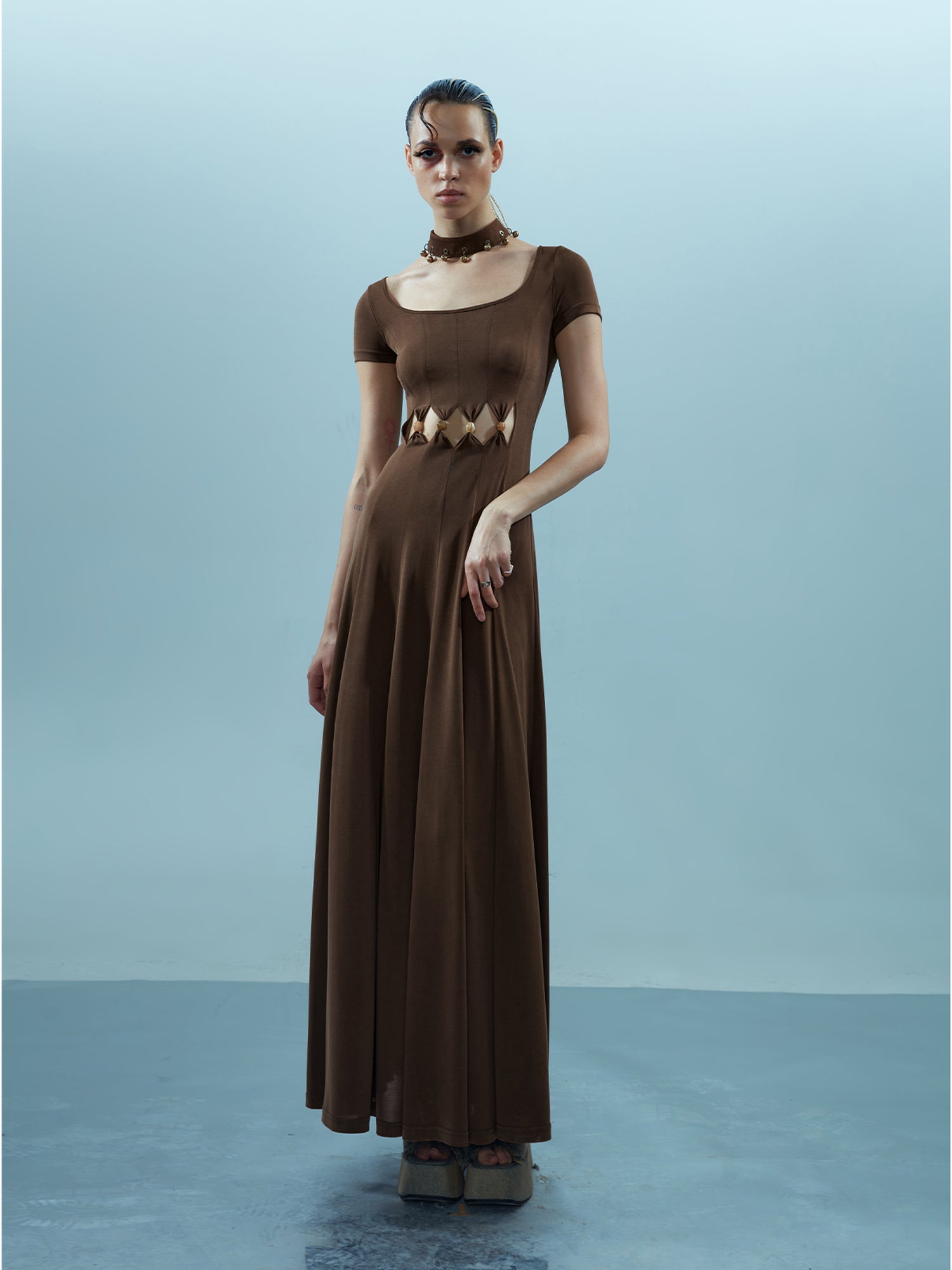 NN NORTH NODE V-neck Ethereal Threads Beaded Cutout Dress