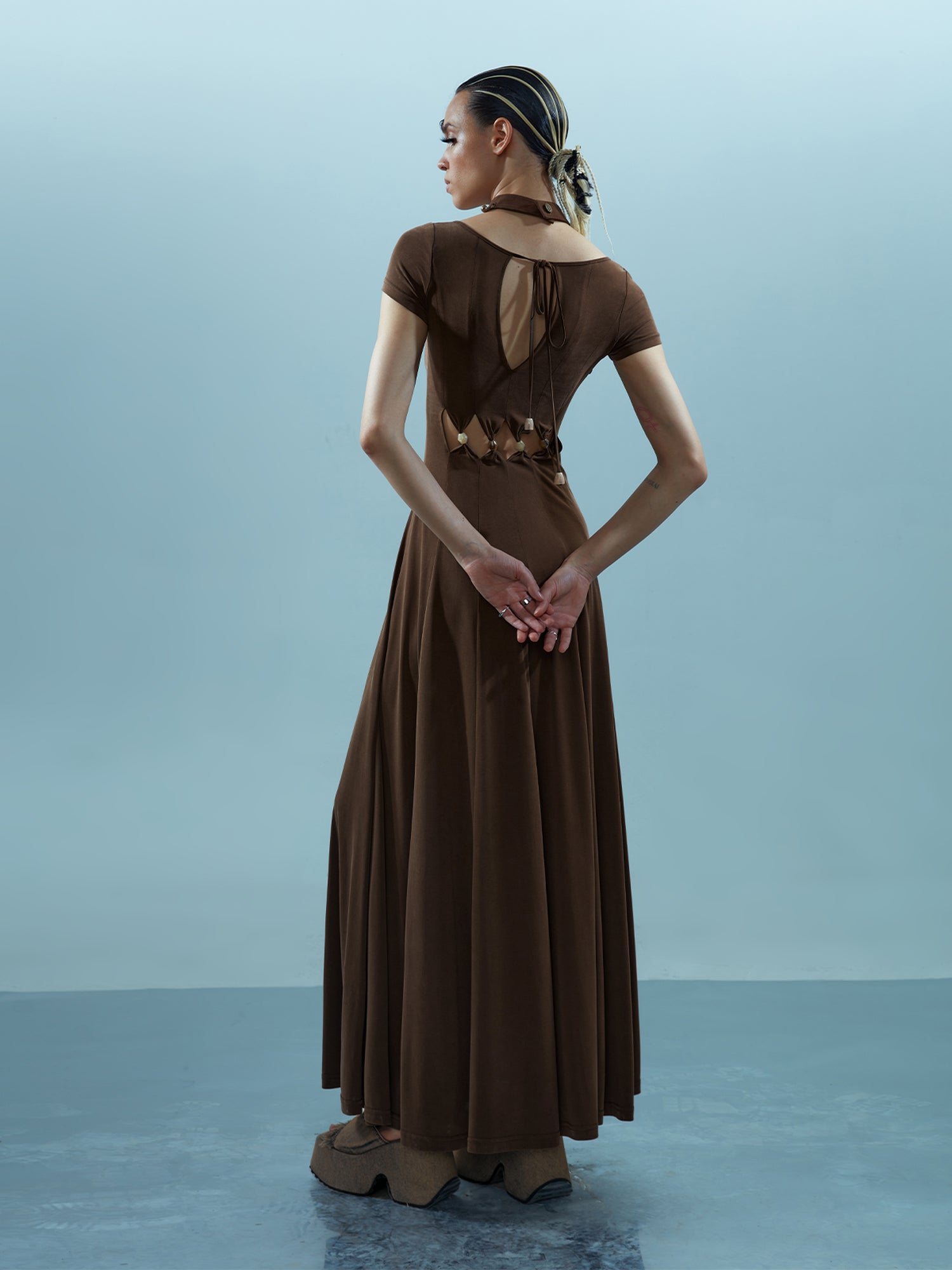 NN NORTH NODE V-neck Ethereal Threads Beaded Cutout Dress
