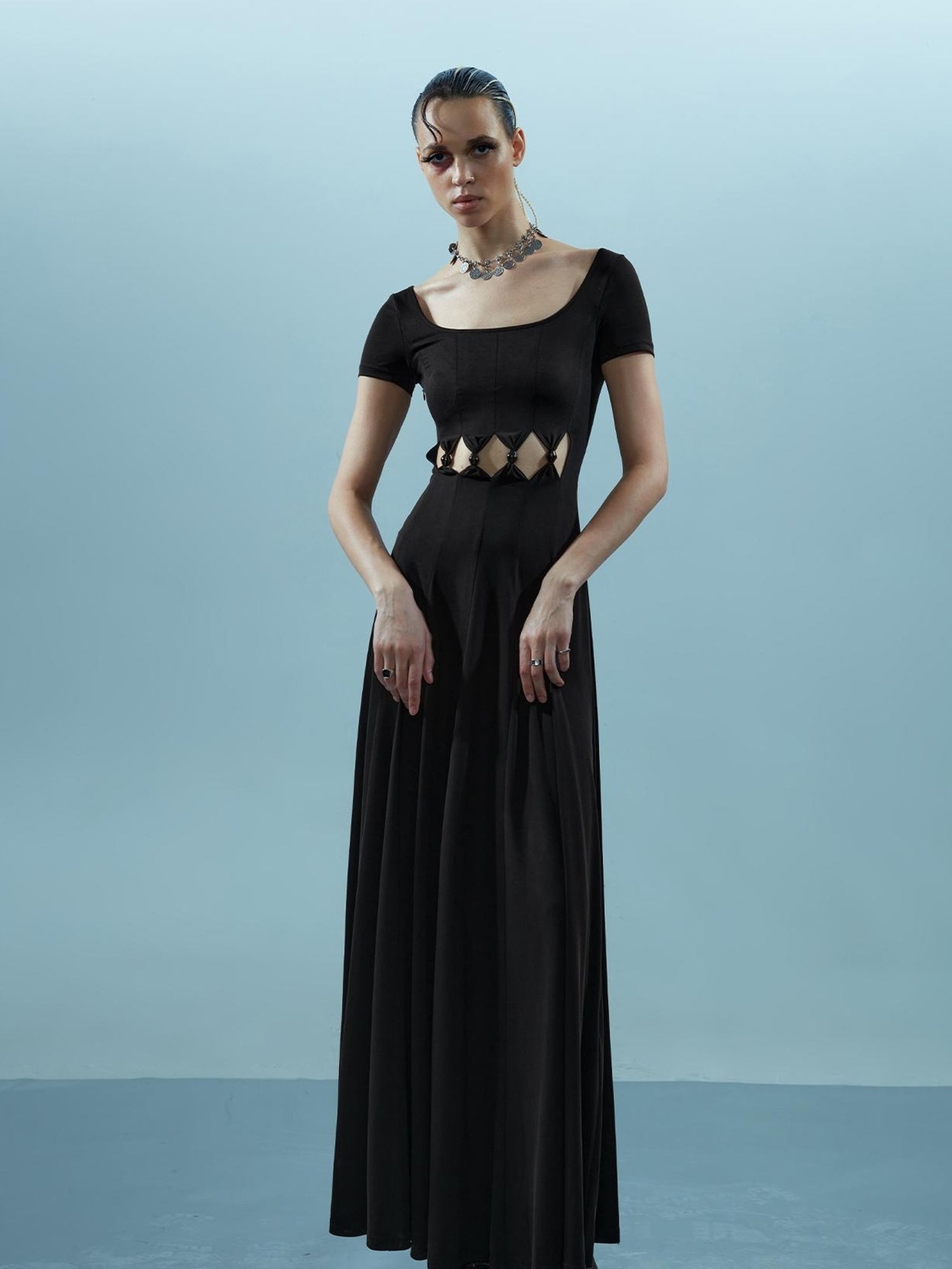 NN NORTH NODE V-neck Ethereal Threads Beaded Cutout Dress