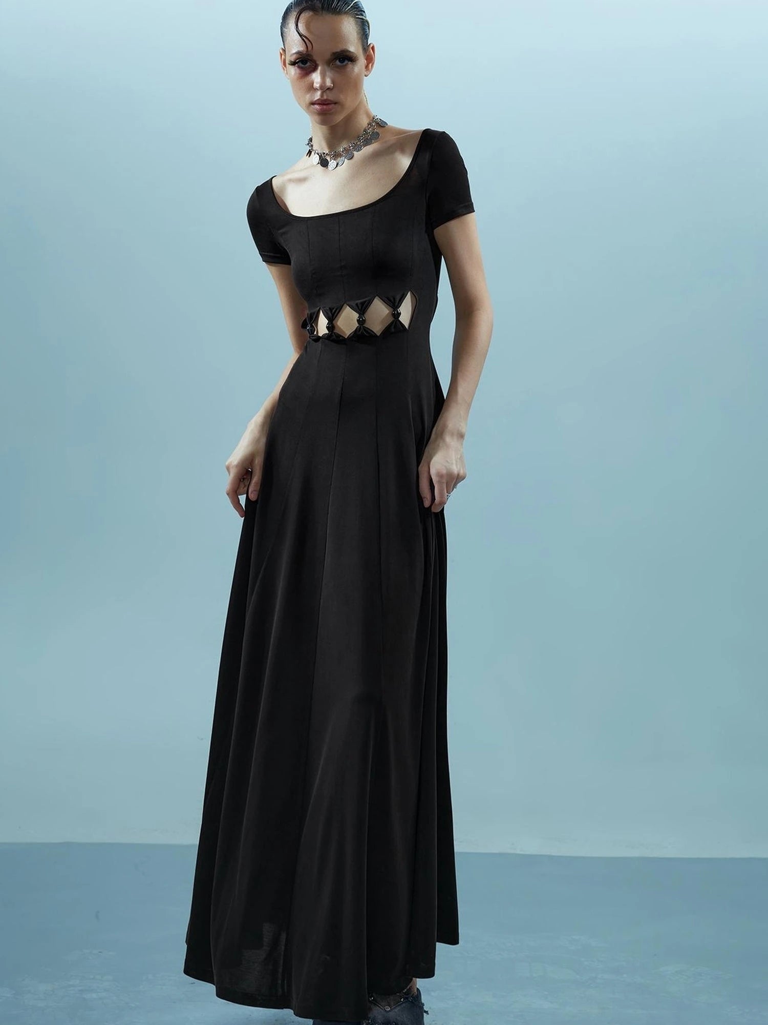 V-neck Ethereal Threads Beaded Cutout Dress