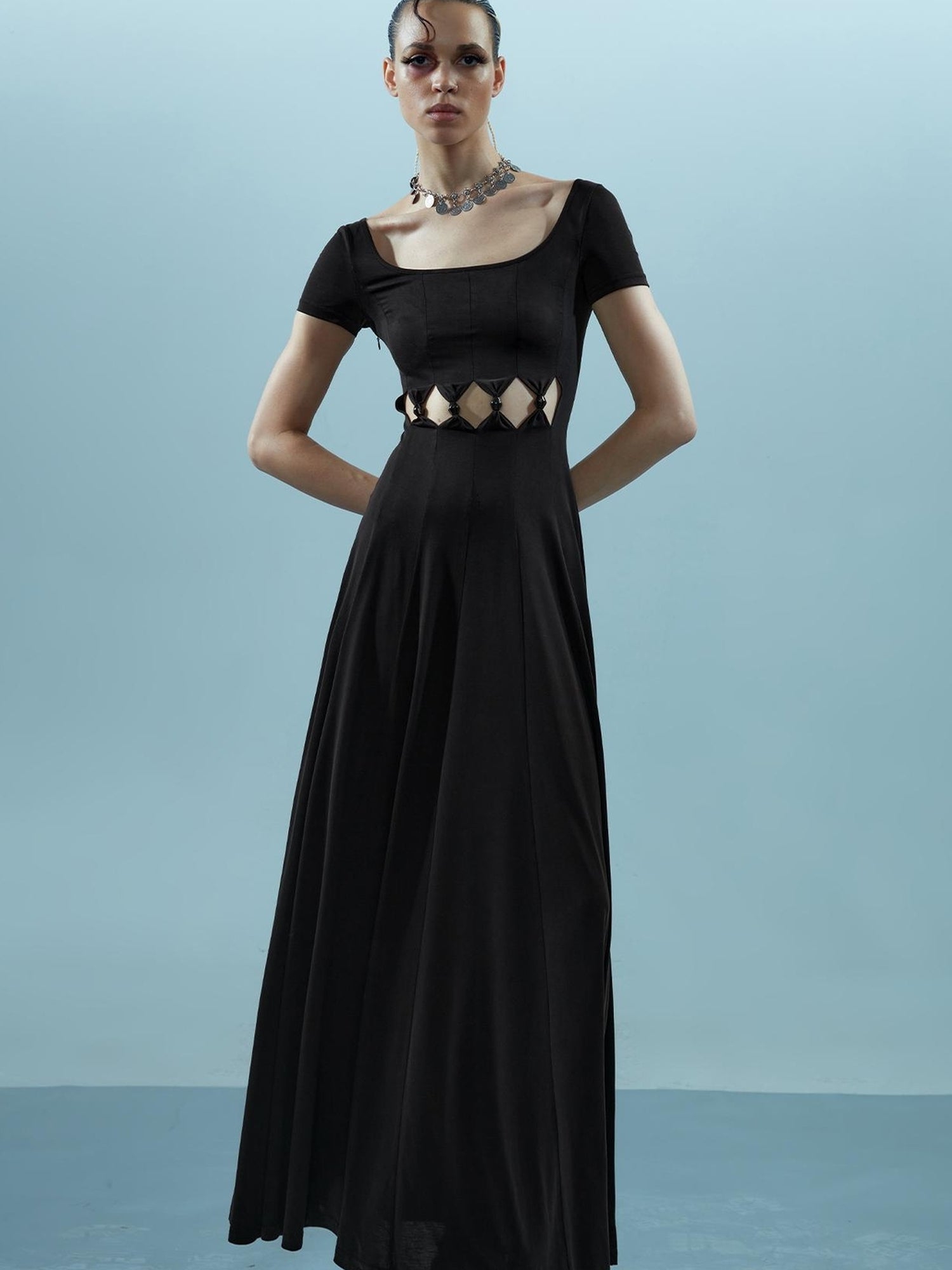 NN NORTH NODE V-neck Ethereal Threads Beaded Cutout Dress