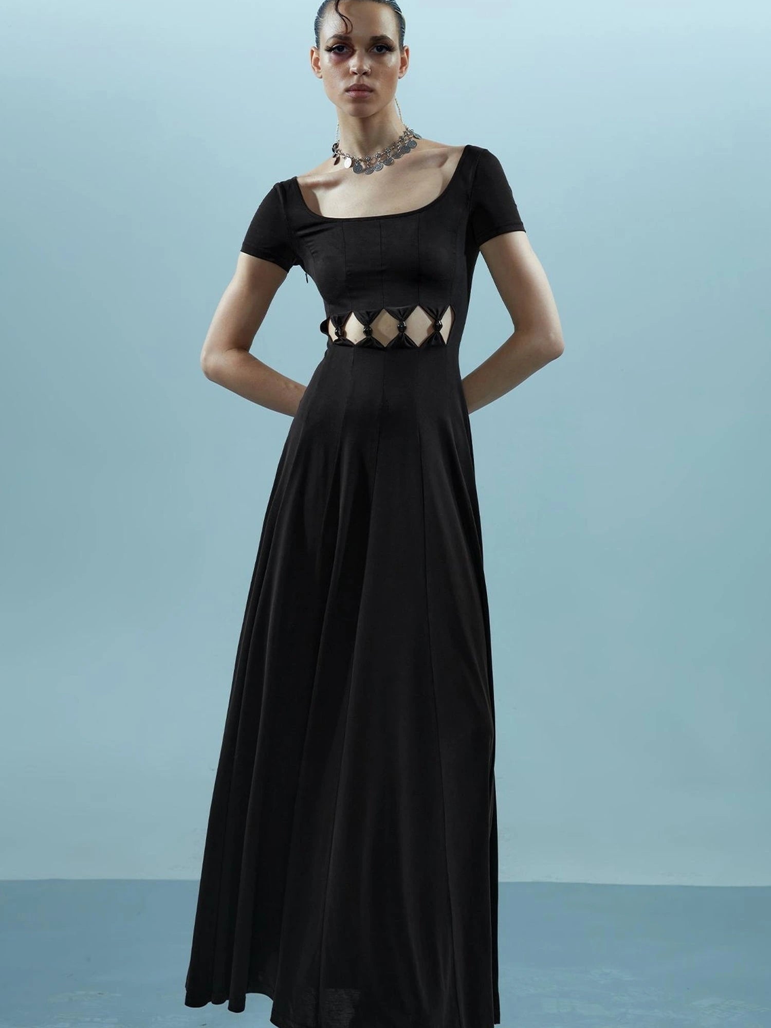V-neck Ethereal Threads Beaded Cutout Dress