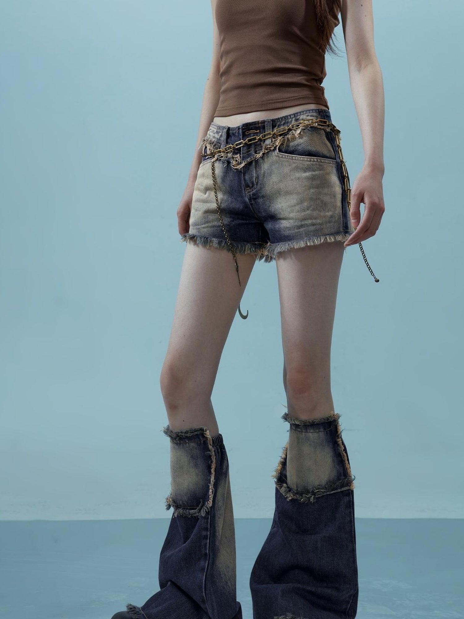 NN NORTH NODE Vintage Frayed Denim Shorts Washed Indigo