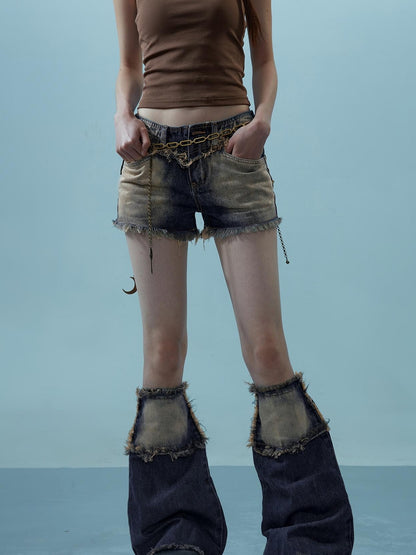 NN NORTH NODE Vintage Frayed Denim Shorts Washed Indigo