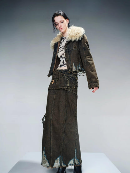 UpdateNN NORTH NODE Vintage Wash Denim Jacket With Fur Collar And Quilted Lining