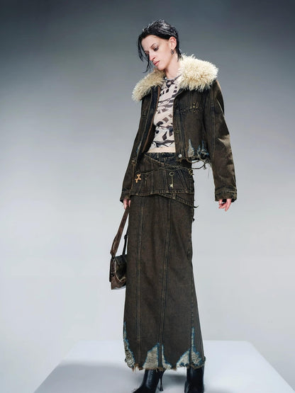 UpdateNN NORTH NODE Vintage Wash Denim Jacket With Fur Collar And Quilted Lining