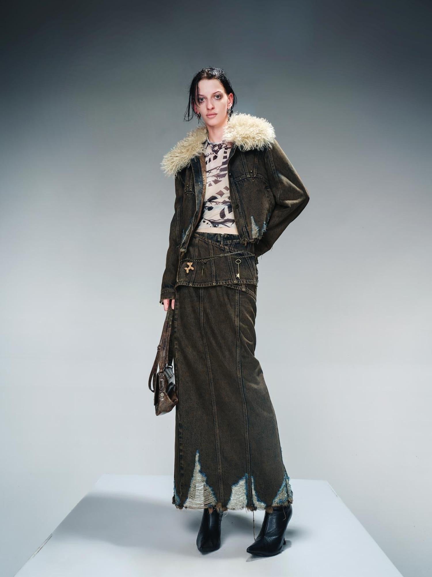 UpdateNN NORTH NODE Vintage Wash Denim Jacket With Fur Collar And Quilted Lining