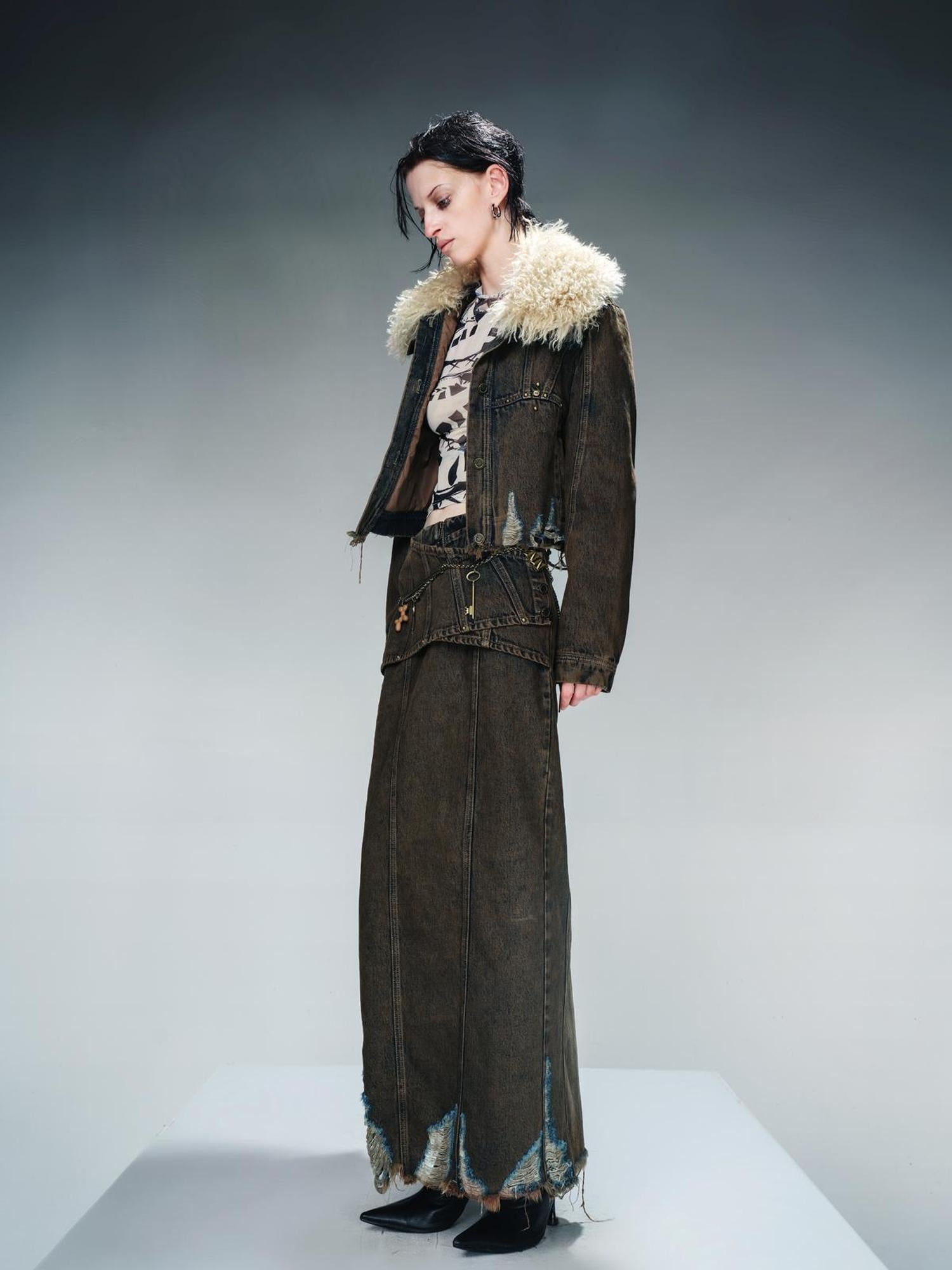 UpdateNN NORTH NODE Vintage Wash Denim Jacket With Fur Collar And Quilted Lining