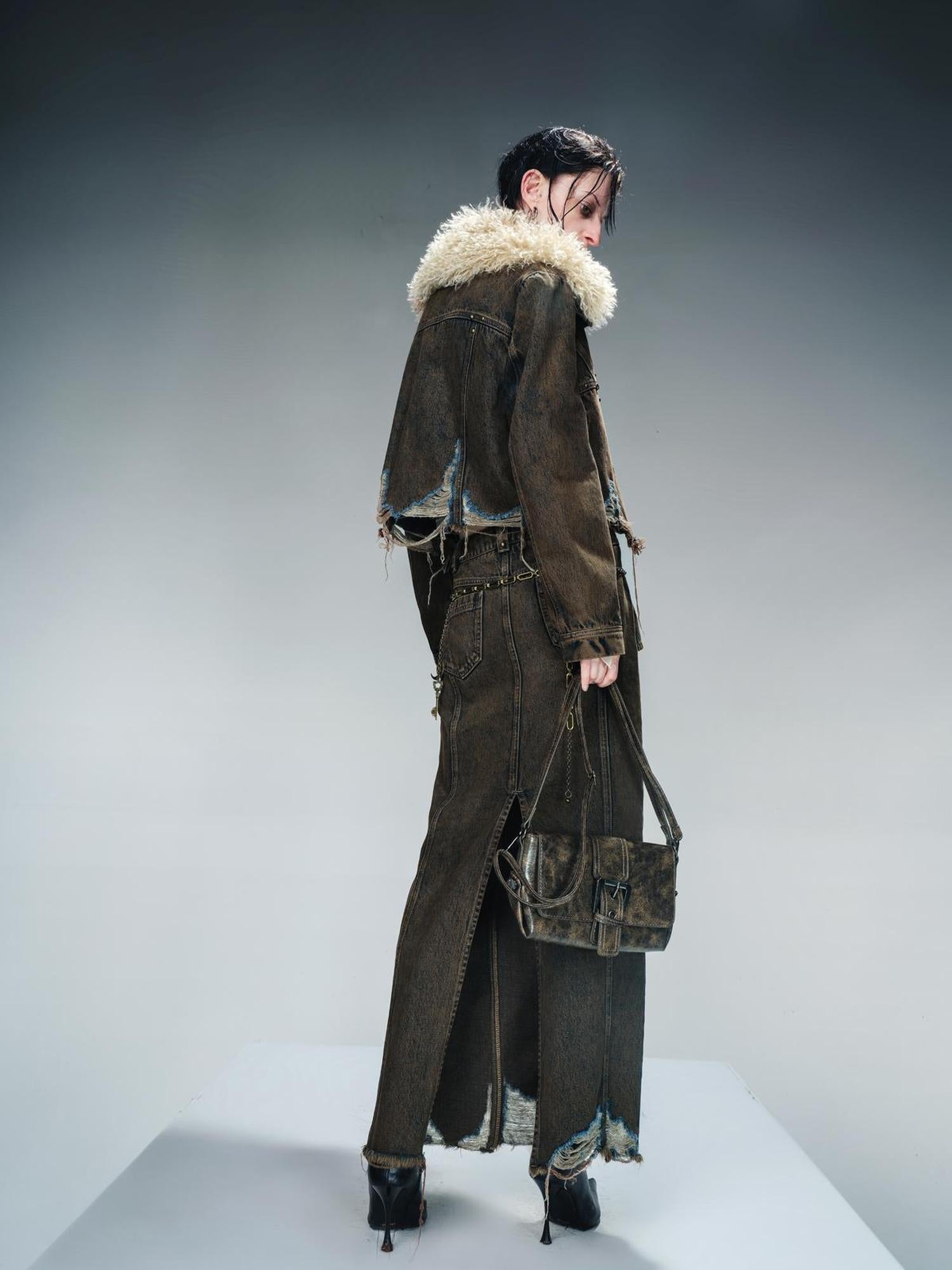 UpdateNN NORTH NODE Vintage Wash Denim Jacket With Fur Collar And Quilted Lining