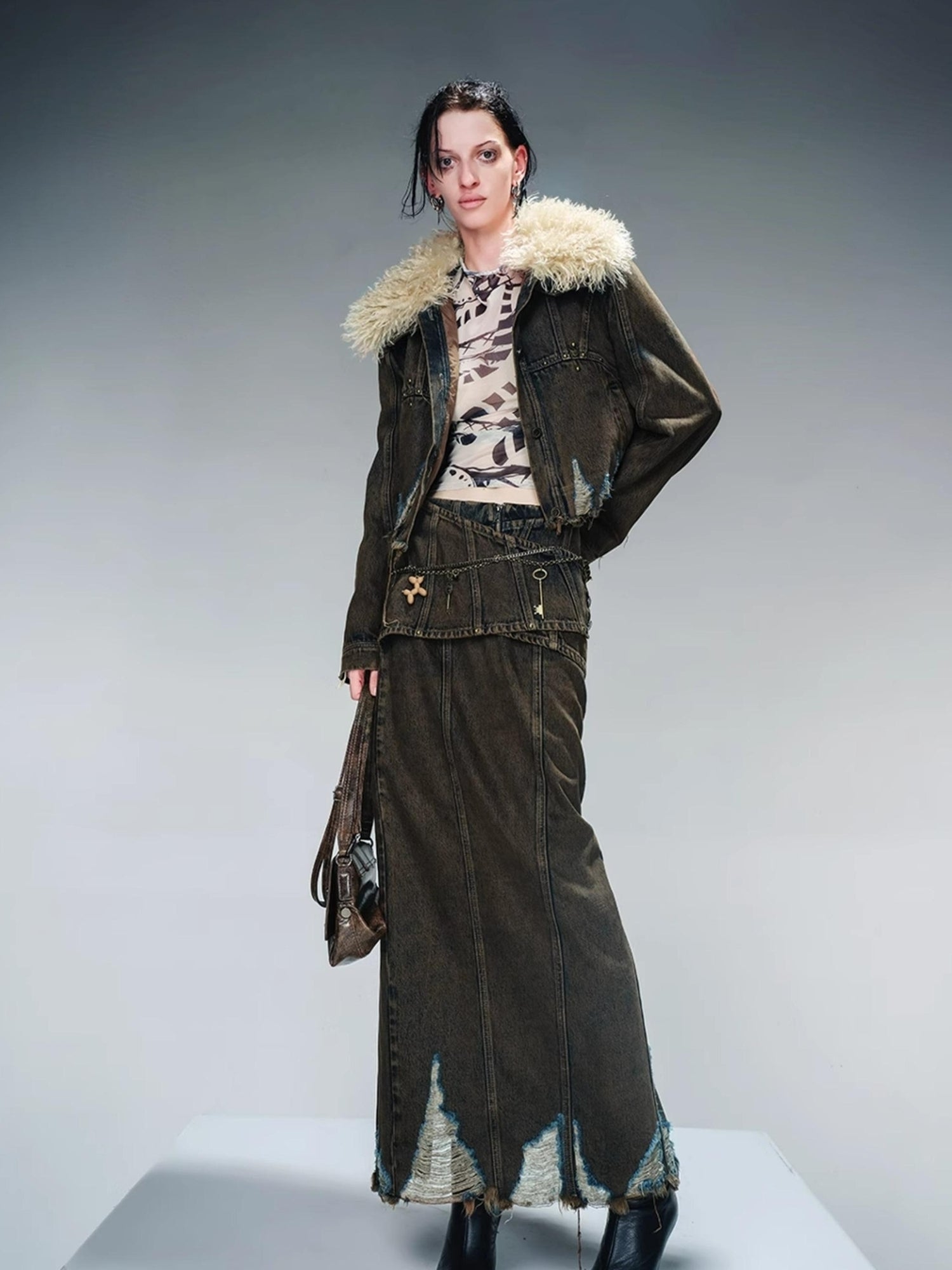 UpdateNN NORTH NODE Vintage Wash Denim Jacket With Fur Collar And Quilted Lining