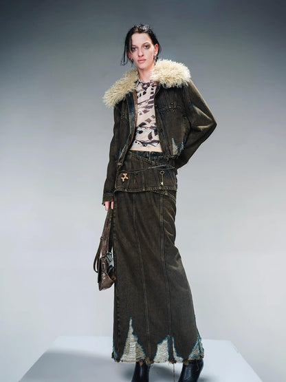 UpdateNN NORTH NODE Vintage Wash Denim Jacket With Fur Collar And Quilted Lining