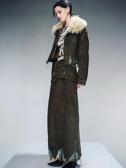 UpdateNN NORTH NODE Vintage Wash Denim Jacket With Fur Collar And Quilted Lining