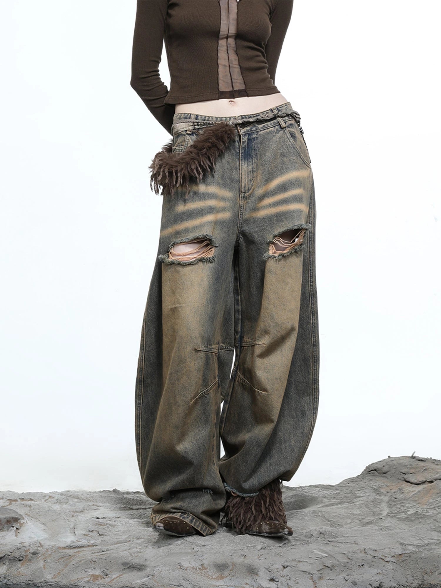 Vintage Wash Distressed Crescent Wide Leg Jeans