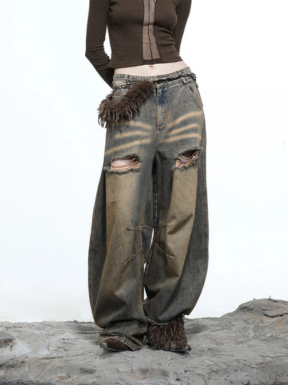 Vintage Wash Distressed Crescent Wide Leg Jeans