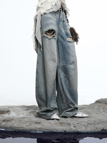 NN NORTH NODE Vintage Wash Distressed Crescent Wide Leg Jeans