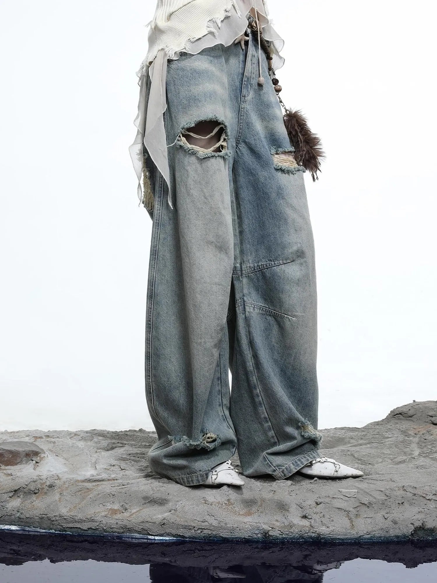 Vintage Wash Distressed Crescent Wide Leg Jeans