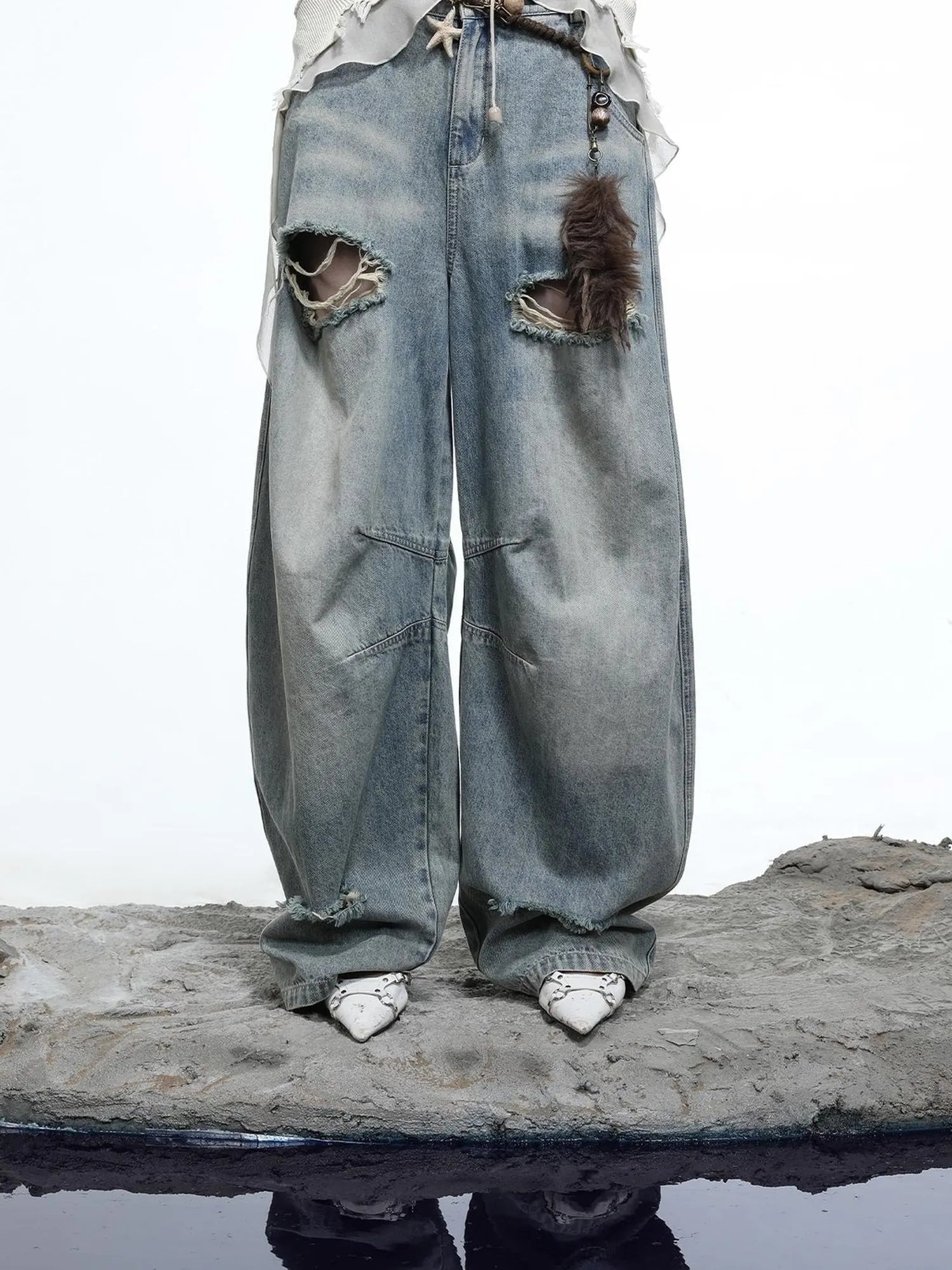 Vintage Wash Distressed Crescent Wide Leg Jeans