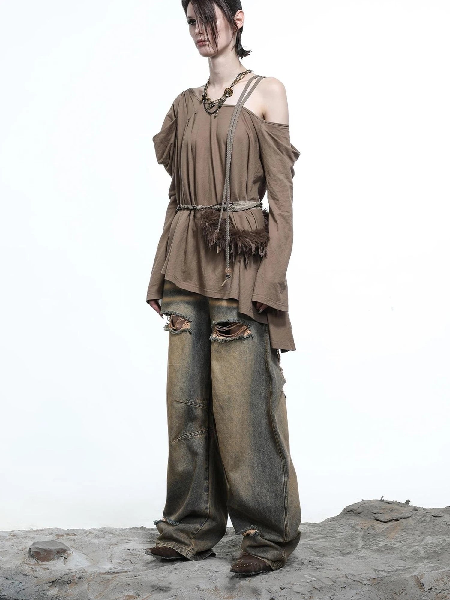 Vintage Wash Distressed Crescent Wide Leg Jeans