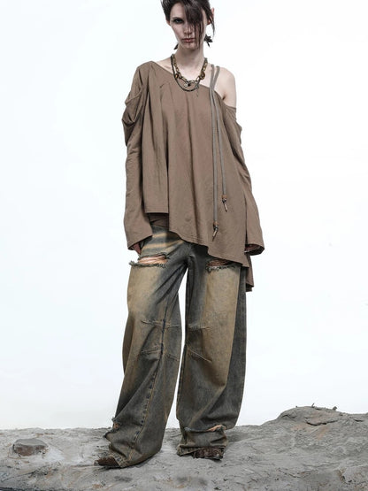 Vintage Wash Distressed Crescent Wide Leg Jeans