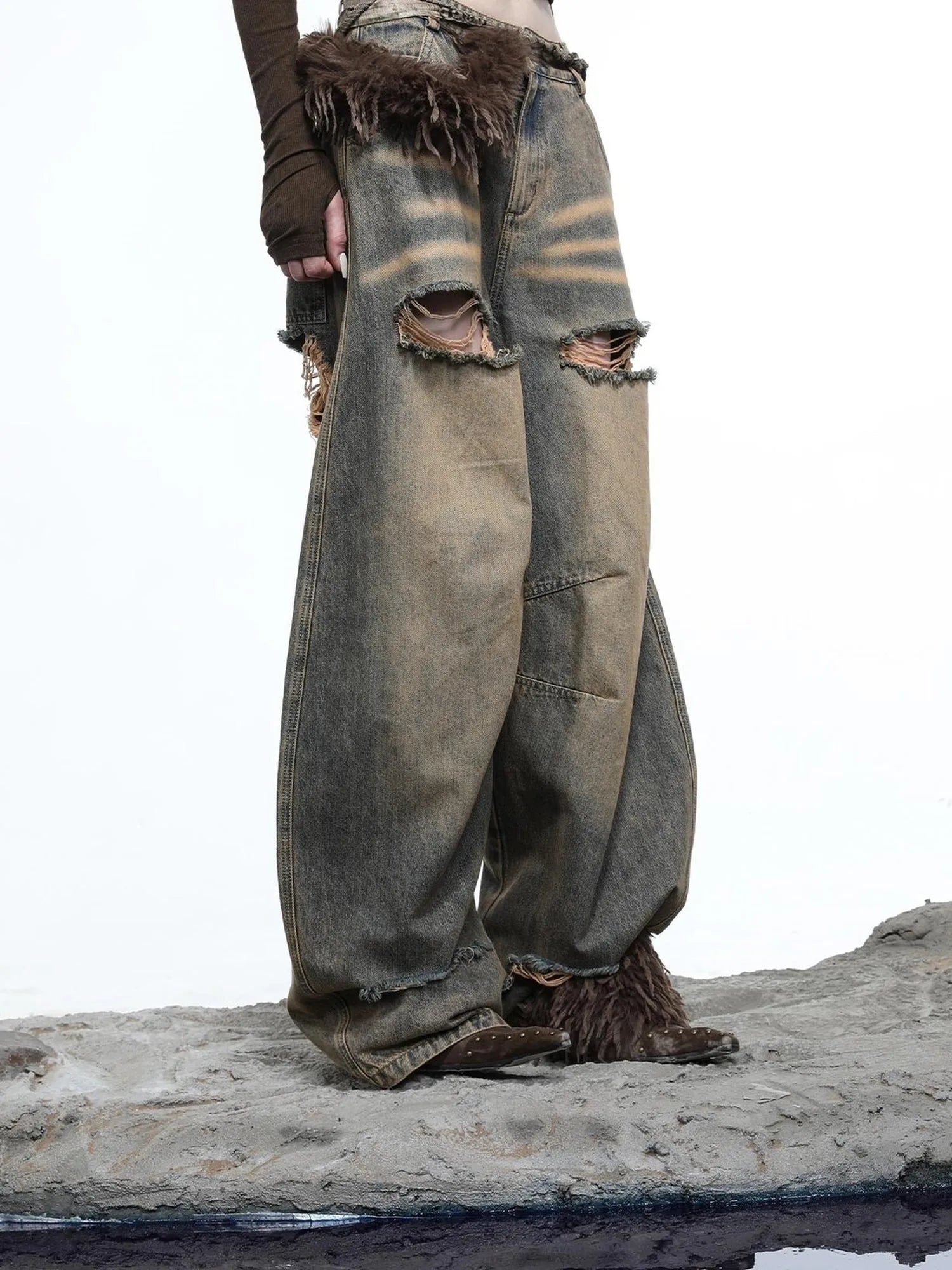 Vintage Wash Distressed Crescent Wide Leg Jeans