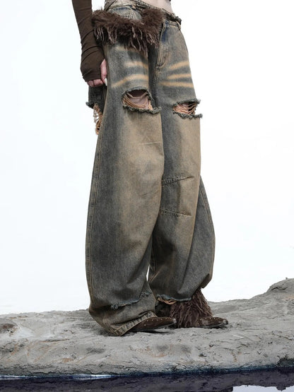 Vintage Wash Distressed Crescent Wide Leg Jeans