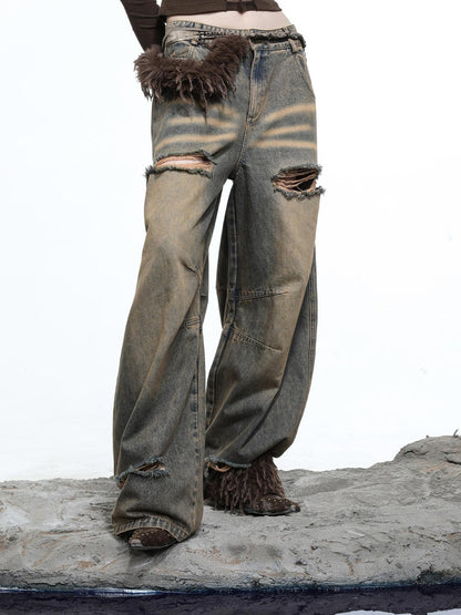 NN NORTH NODE Vintage Wash Distressed Crescent Wide Leg Jeans
