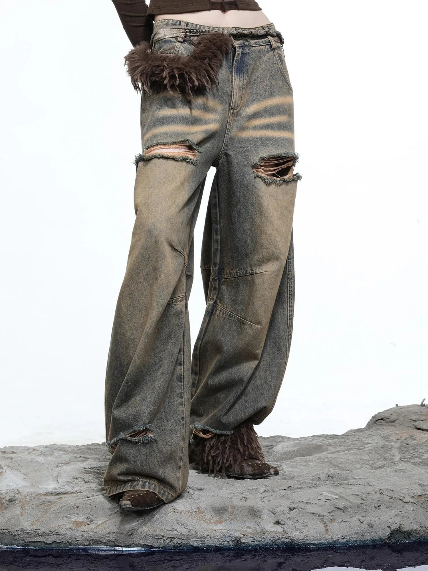 Vintage Wash Distressed Crescent Wide Leg Jeans