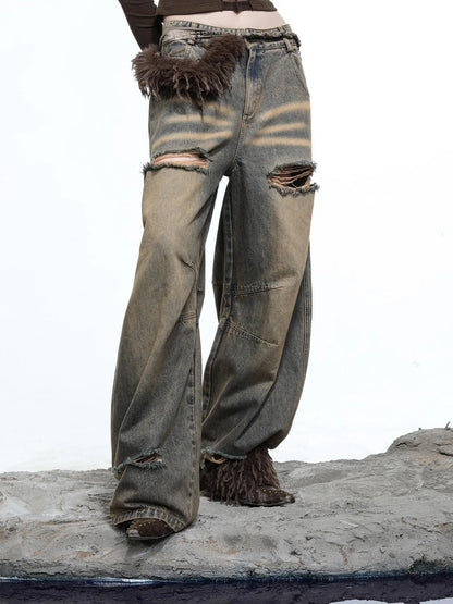 Vintage Wash Distressed Crescent Wide Leg Jeans