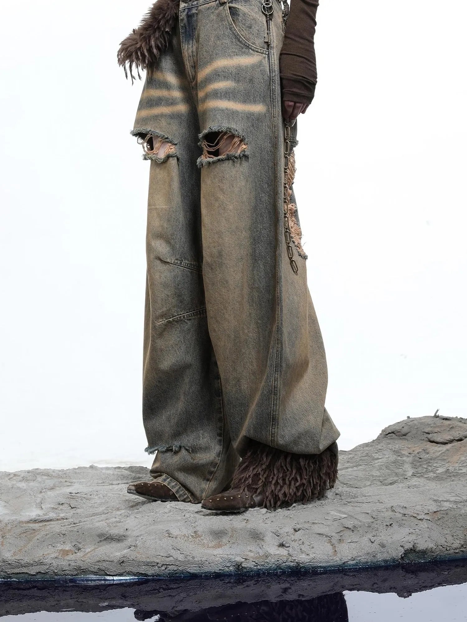 Vintage Wash Distressed Crescent Wide Leg Jeans