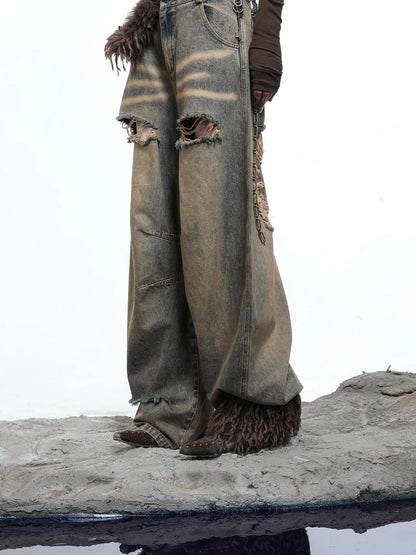 Vintage Wash Distressed Crescent Wide Leg Jeans