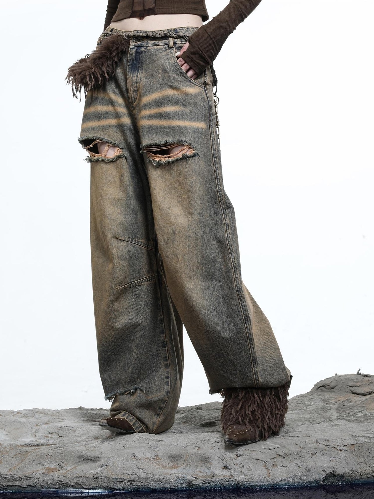 NN NORTH NODE Vintage Wash Distressed Crescent Wide Leg Jeans