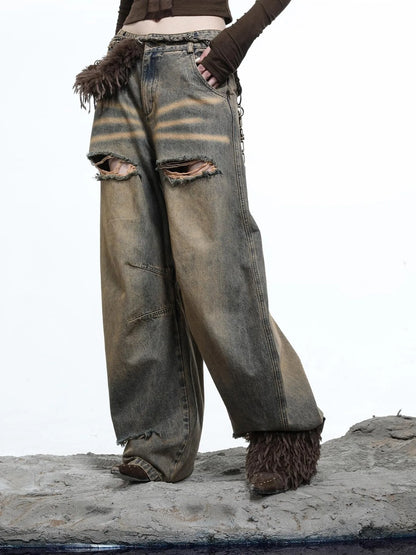 Vintage Wash Distressed Crescent Wide Leg Jeans