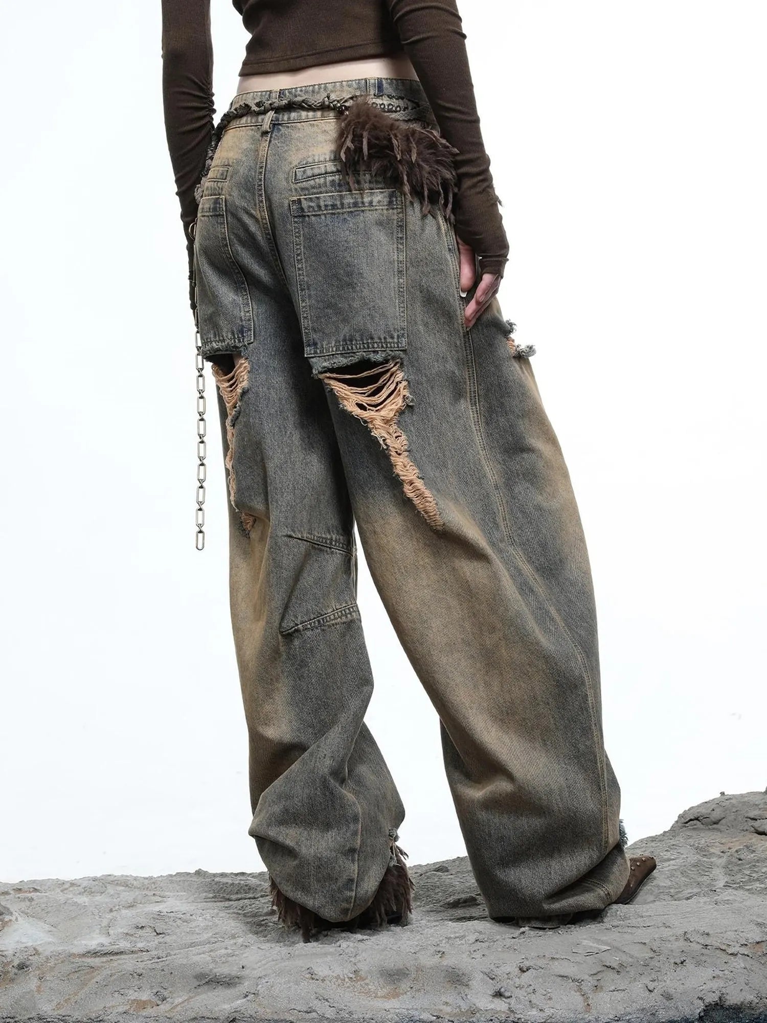 Vintage Wash Distressed Crescent Wide Leg Jeans