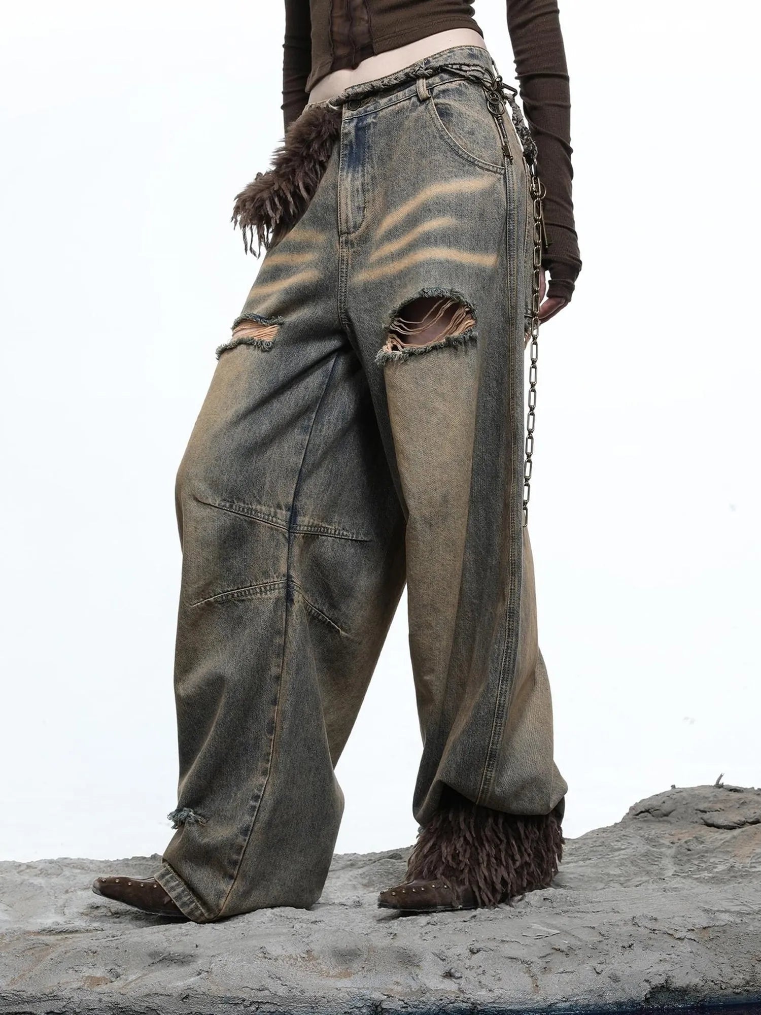 Vintage Wash Distressed Crescent Wide Leg Jeans