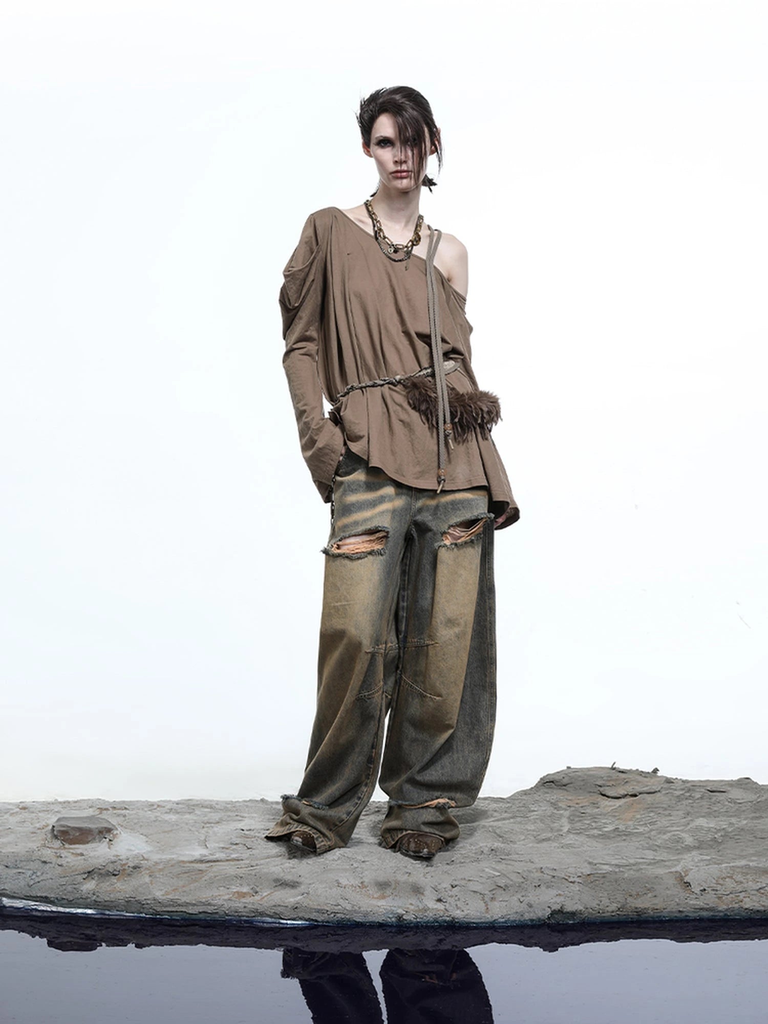 Vintage Wash Distressed Crescent Wide Leg Jeans