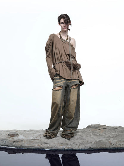 Vintage Wash Distressed Crescent Wide Leg Jeans