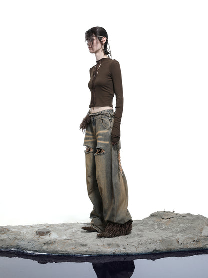 NN NORTH NODE Vintage Wash Distressed Crescent Wide Leg Jeans