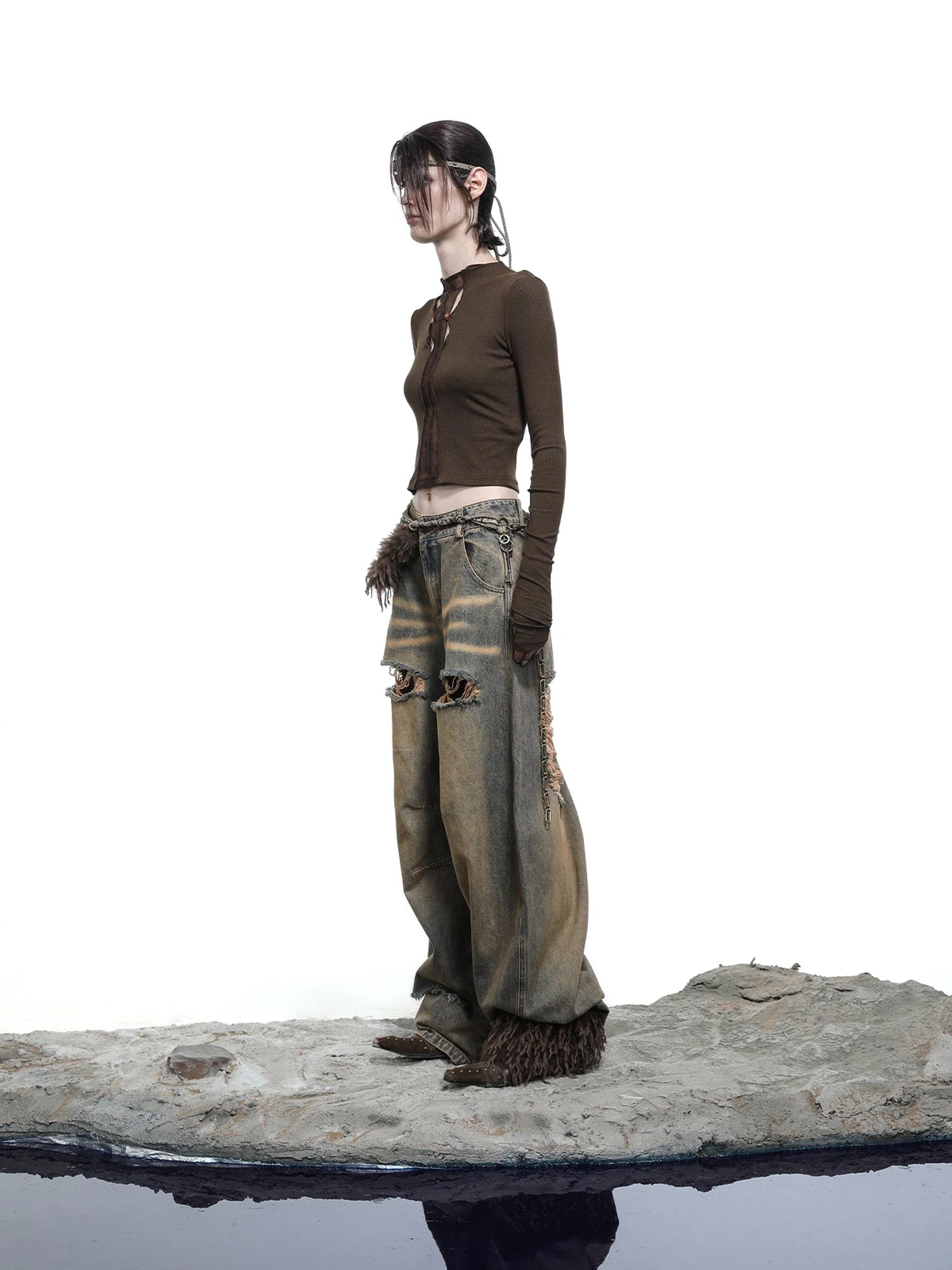 Vintage Wash Distressed Crescent Wide Leg Jeans