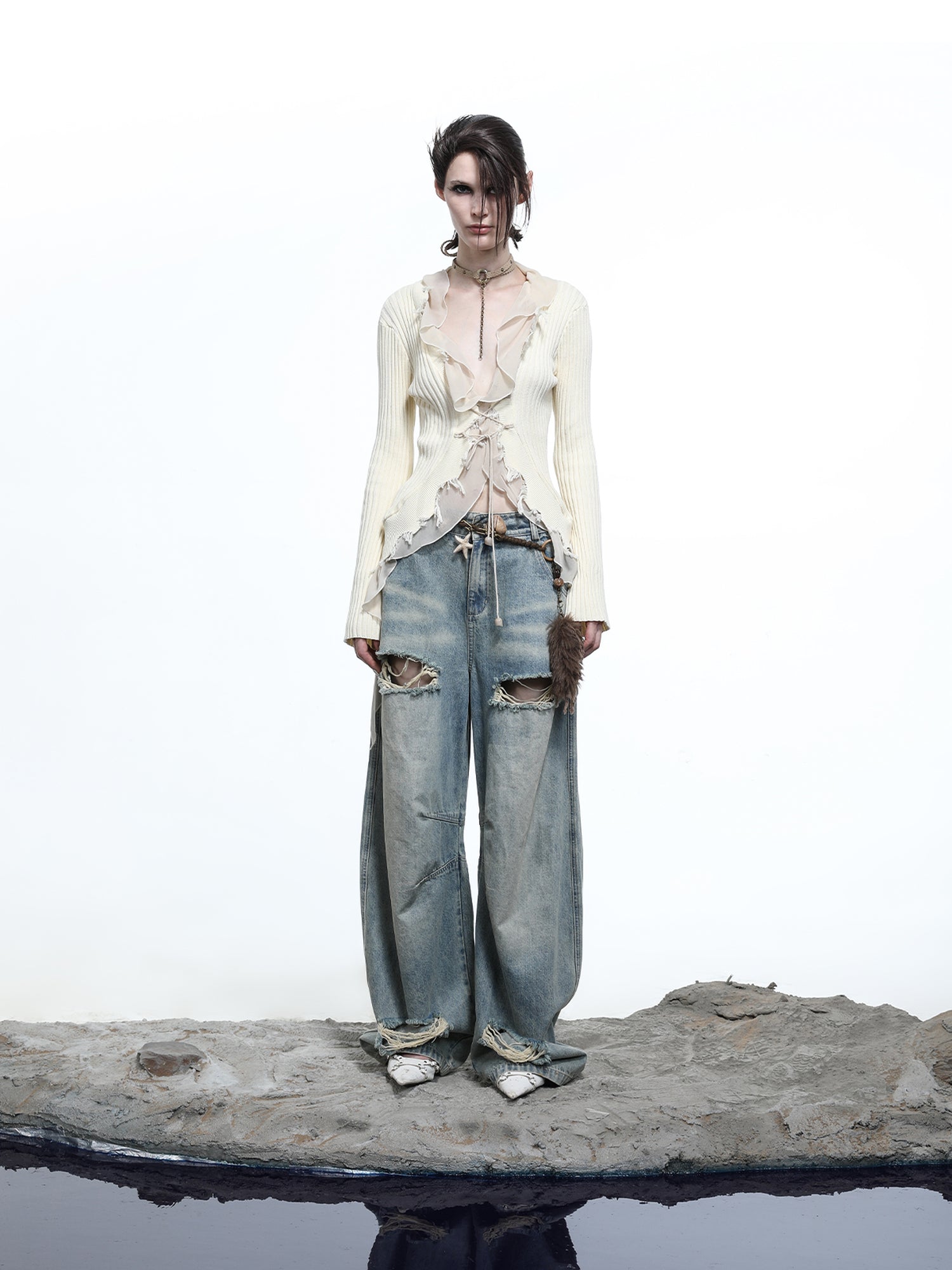 NN NORTH NODE Vintage Wash Distressed Crescent Wide Leg Jeans