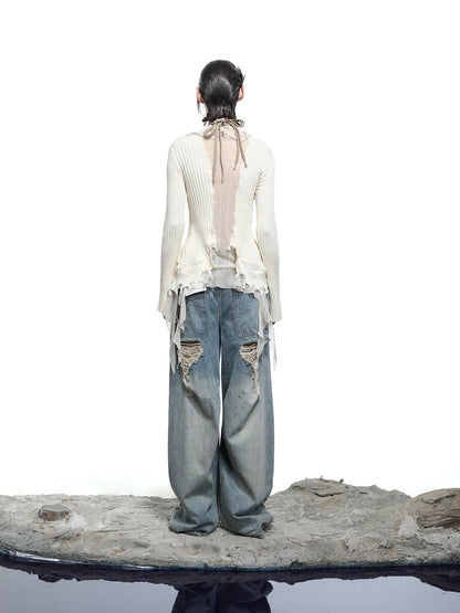 Vintage Wash Distressed Crescent Wide Leg Jeans